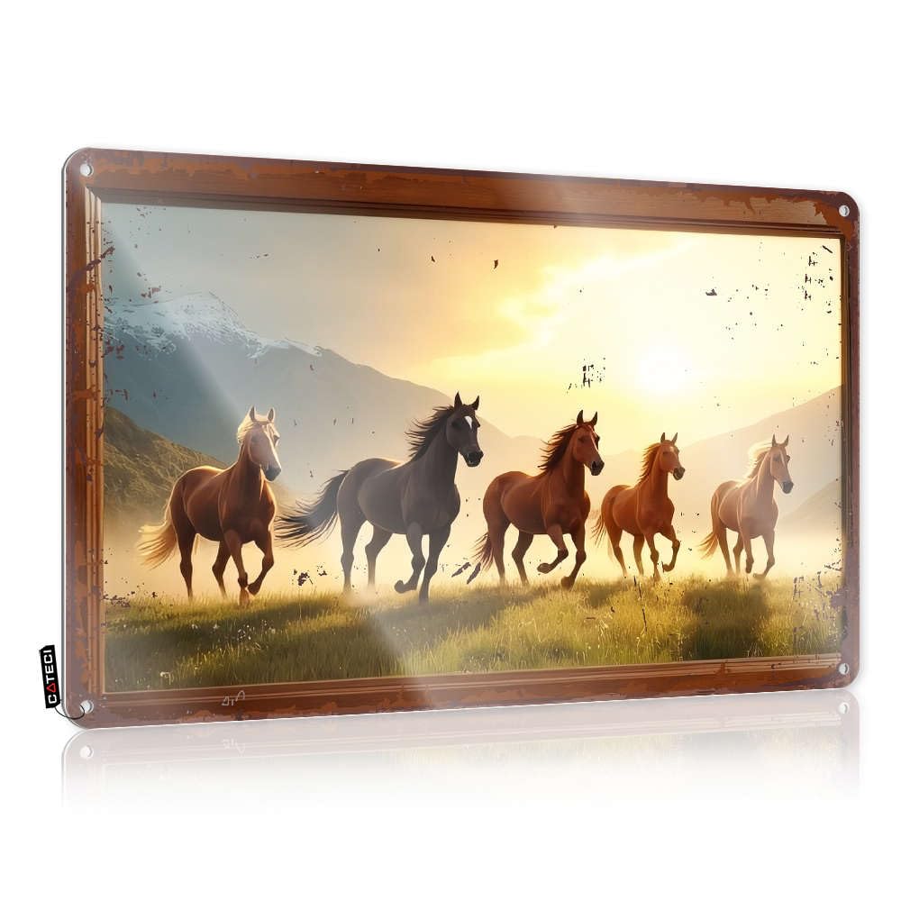 Sujd Colour Five Horses Gallop Across A Grassy Field At Sunset. Small Plaques | Prints Vintage Style Case Days Decoration Easy Hang(30X40cm)