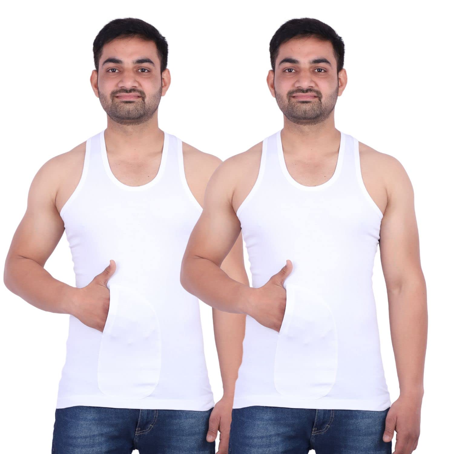 avishiti Men's Rn Cotton Pocket Sandow Sleeveless Vest Tank_Pack of 2_Multi Colors-picture-45