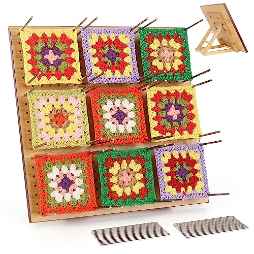 Coopay Grande Planche de Blocage Crochet, 29x29cm Pliable Bloqueur Granny Square en Bois, Accessoires de Crochet Tricot, avec 30 Tiges de Métal