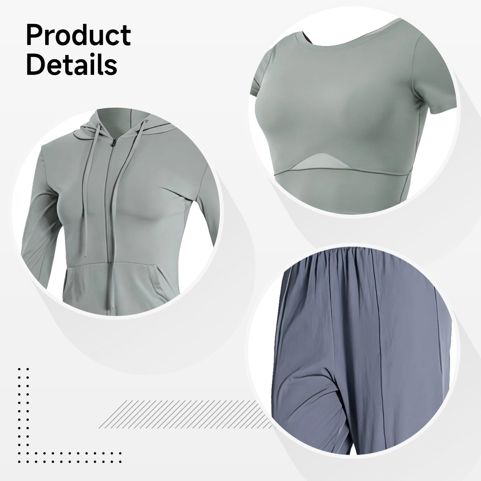 Damski 3-częściowy strój treningowy, kurtka z kapturem, top z krótkim rękawem, spodnie z elastyczną talią, gładki nylon-spandex, XL, pasuje do wzrostu 150-70 cm, waga 80-135 kg, Szary, XXL