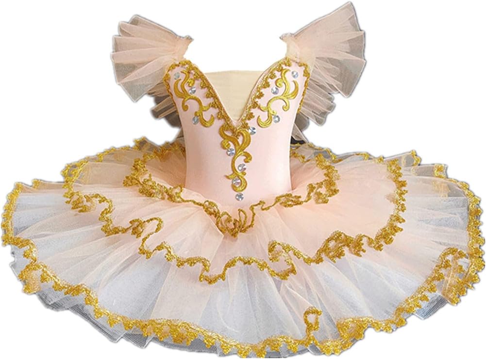 Bambini Ragazze Strass Decorazione Cigno Body Ballet Danza Tutu Vestito Maniche Arruffate Ricamo Tulle Gonna Pattinaggio Ginnastica Ballerina Dancewear
