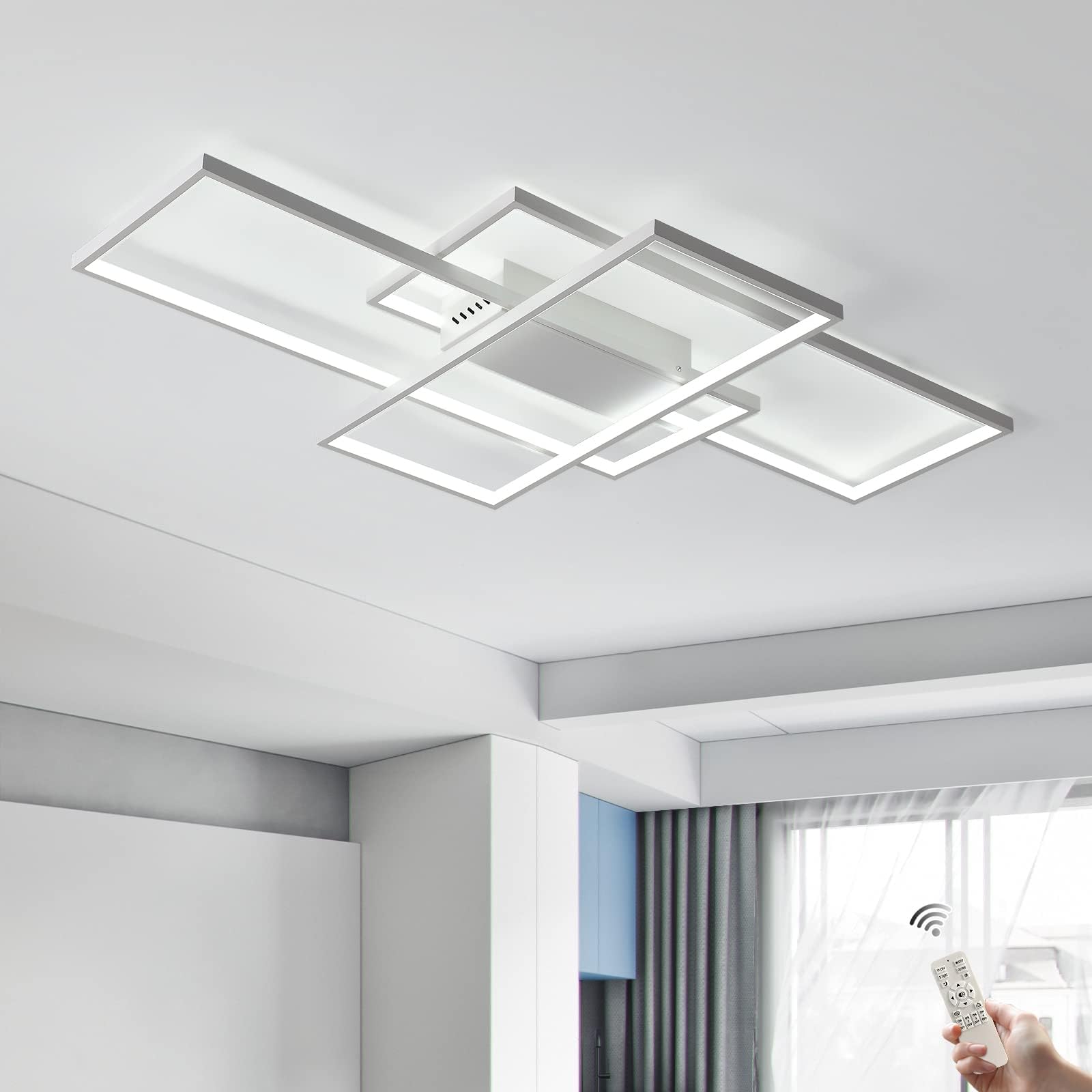 JIINOO Dimmable Ceiling Light, 110cm with Remote Control Modern Chandelier, 70W Square Acrylic Close to Ceiling Light for Bedroom Living Room, White