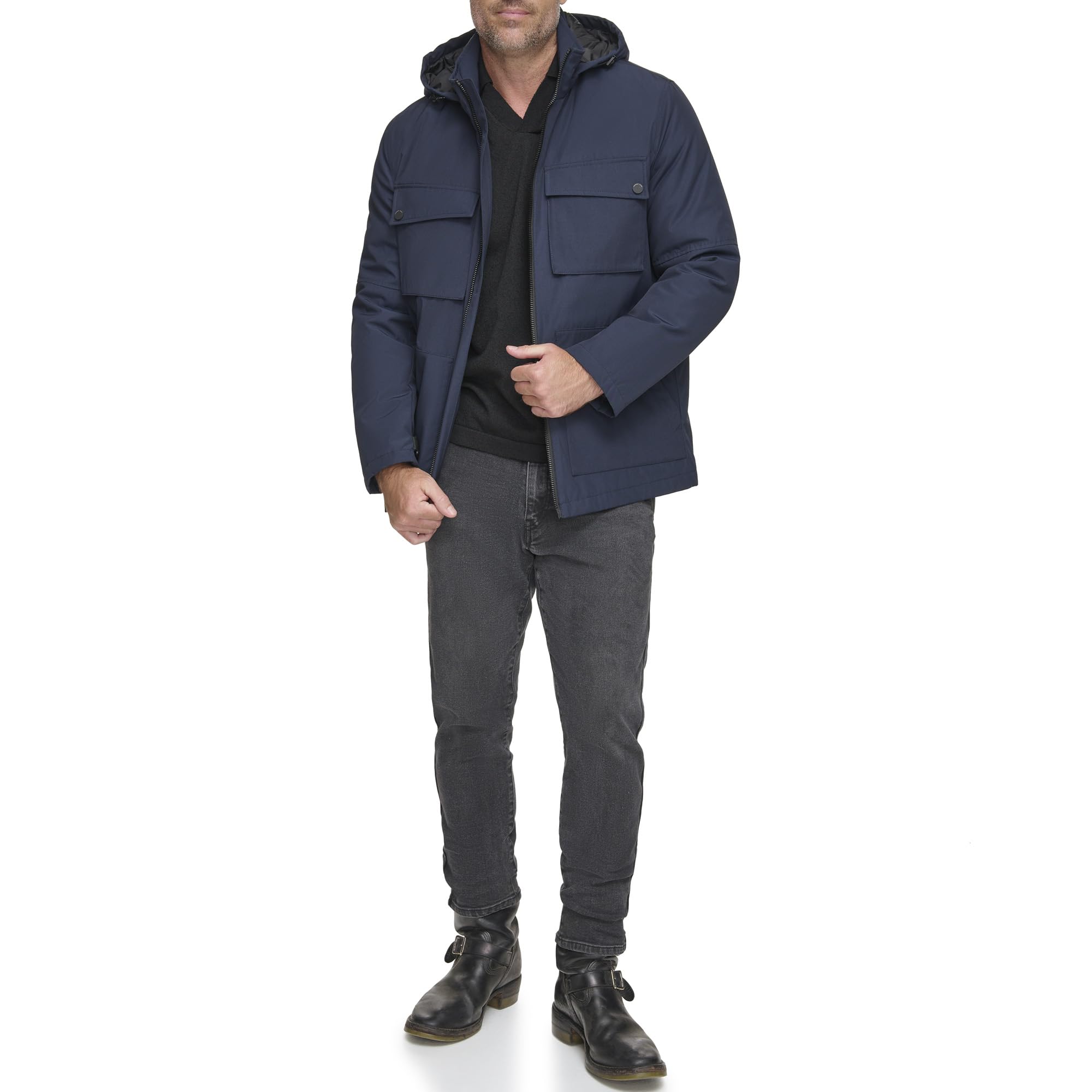 Andrew Marc Men's Rain Jacket with Removable Hood and Back Vent