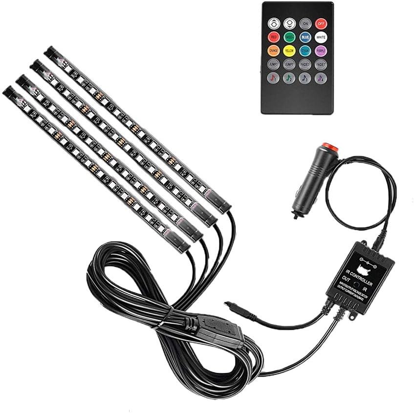 Car Interior Lights-OONOL Car LED Strip Light, 4pcs 48LED 8 Colors Flexible Music Light Kit with Sound Sensor and Remote Control, DC 12V, Car Charger