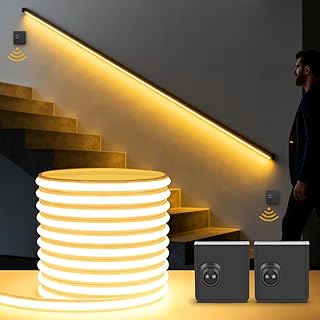 LED Strip mit 2 Bewegungsmelder 5M, 24V 280 LEDs/M mit Stecker LED Streifen mit Netzteil Selbstklebend 3000K Warmweiß Bewegungsaktivierte Licht für Schränke Treppen Flur Schlafzimmer Party,3000k,5M