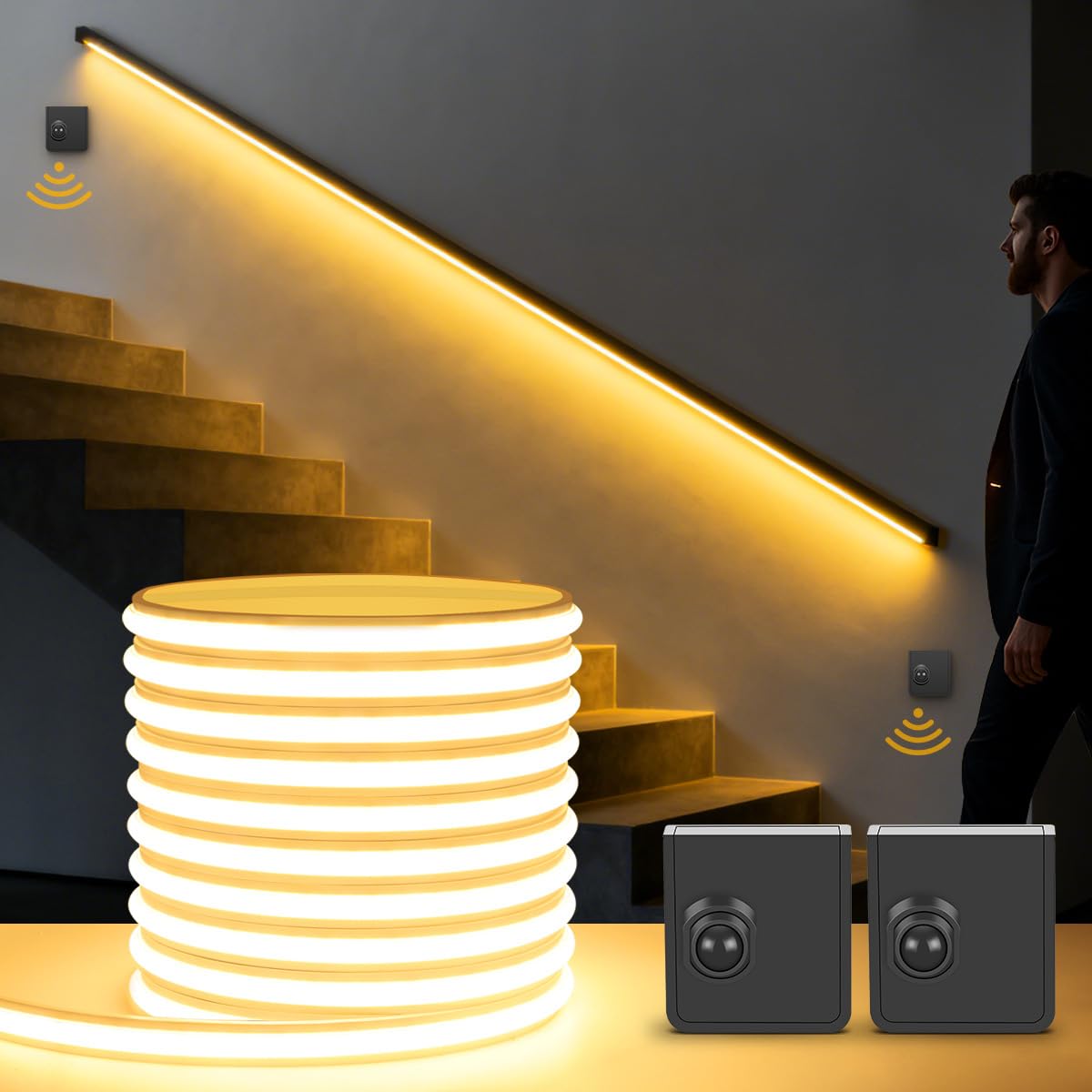 Oowoks 3000K Led Strip With 2 Motion Detectors 5M, 24V 280 Leds/M With Plug Led Strip With Power Supply Self-Adhesive Warm White Motion-Activated Light For Cupboards Stairs Hallway Bedroom Party,,3M