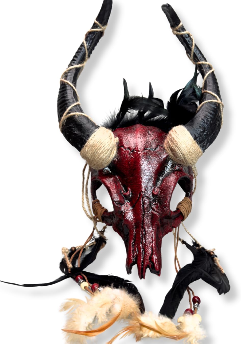 Goat Ram Horns Mask Headpiece Headwear Pagan Animal Skull Ball Masquerade Ball Ram Horns Cosplay Devil Mask Woodland (Crimson Red)