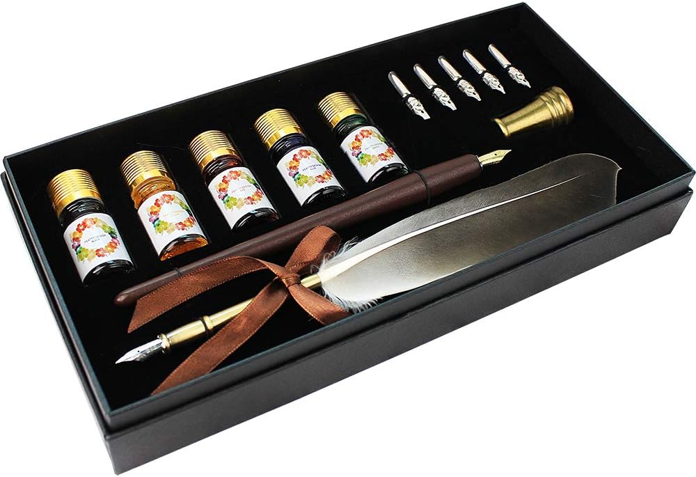 GIFTS Calligraphy Pen Set,12-Piece Kit, 5 Nib & 5 Ink Set,Writing Quill Pen,Anitque Dip Feather Pen Set (wood+feather)