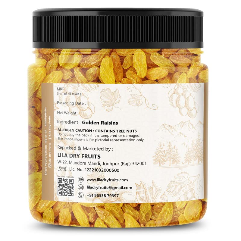 Image of LILA DRY FRUITS Golden Raisin 250 gms | Premium Seedless Green Kishmish | Nutritious Dried Grapes Rich in Iron & Vitamin B | Ideal for Snacking, Baking, Cooking | Perfect for Gifting