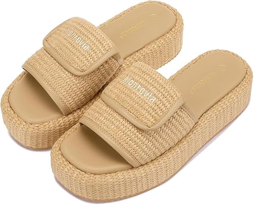 Monrovia Platform Sandals Women Slip on Raffia Wedges Sandals Slides