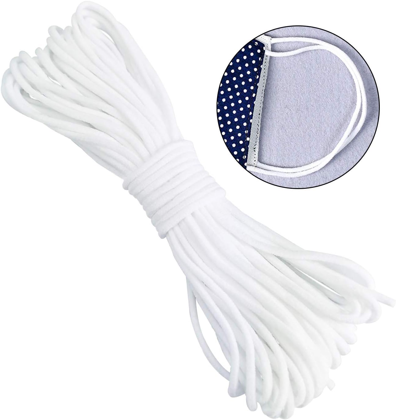 LASOA Elastic Cord Rope White Band 1/8 Inch Round Ear Tie Earloop Strap Handmade String for Crafts DIY Sewing (20M; 22Yard)