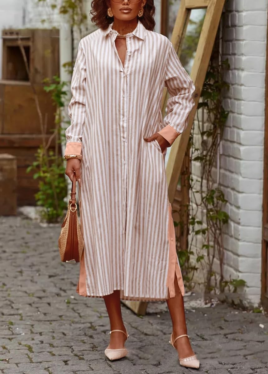 chouyatou Women's Long Sleeve Striped Shirt Dress Casual Button Down Midi Long Beach Dress with Belt - Image 4