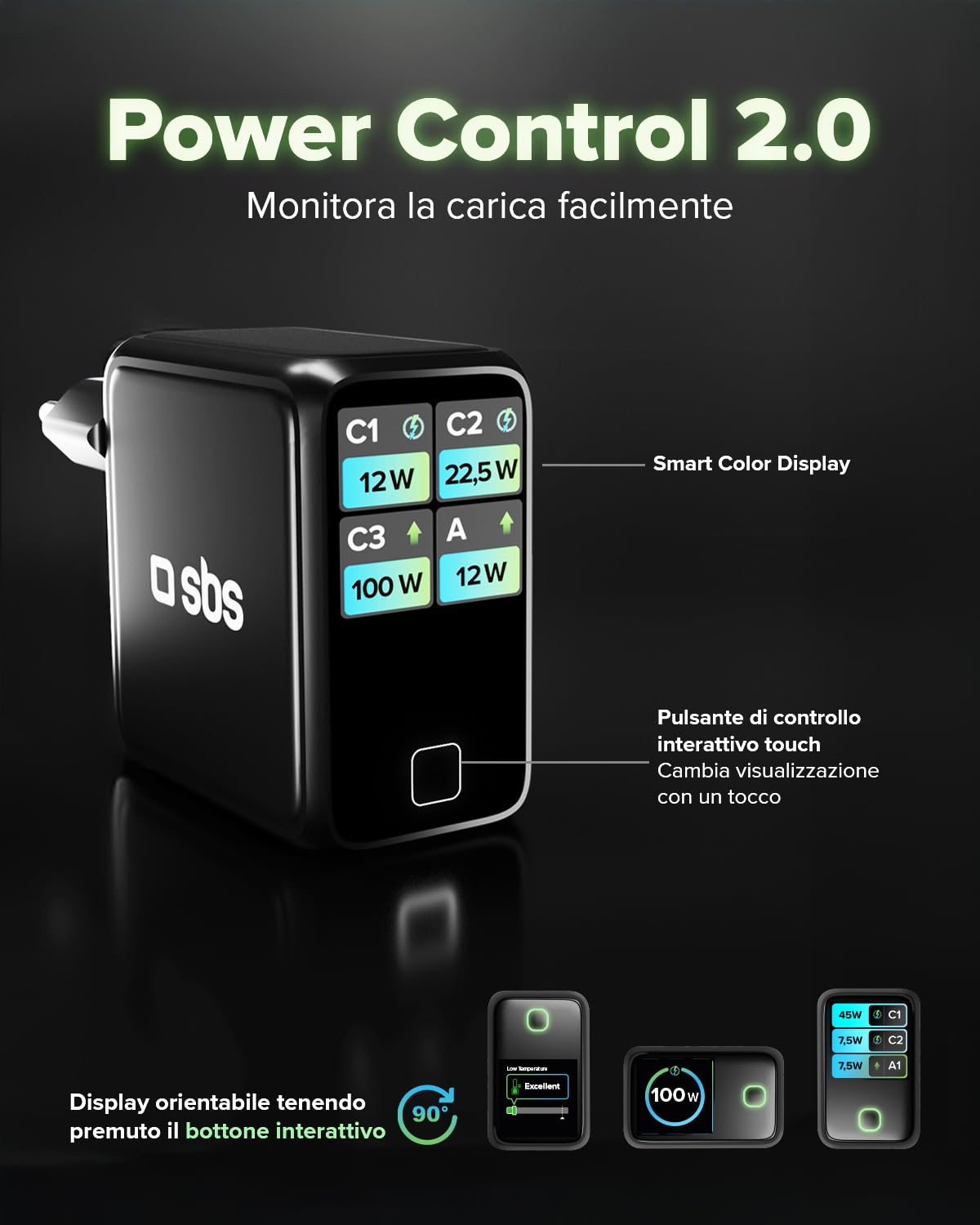 SBS Pulse Power 100W USB-C, Tecnologia GaN, Power Delivery (PD 3.0 PPS) | Smart Display AI, Controllo Touch, AFC, Alimentatore con Ricarica Rapida, Caricatore per Notebook, Tablet, iPhone, Android