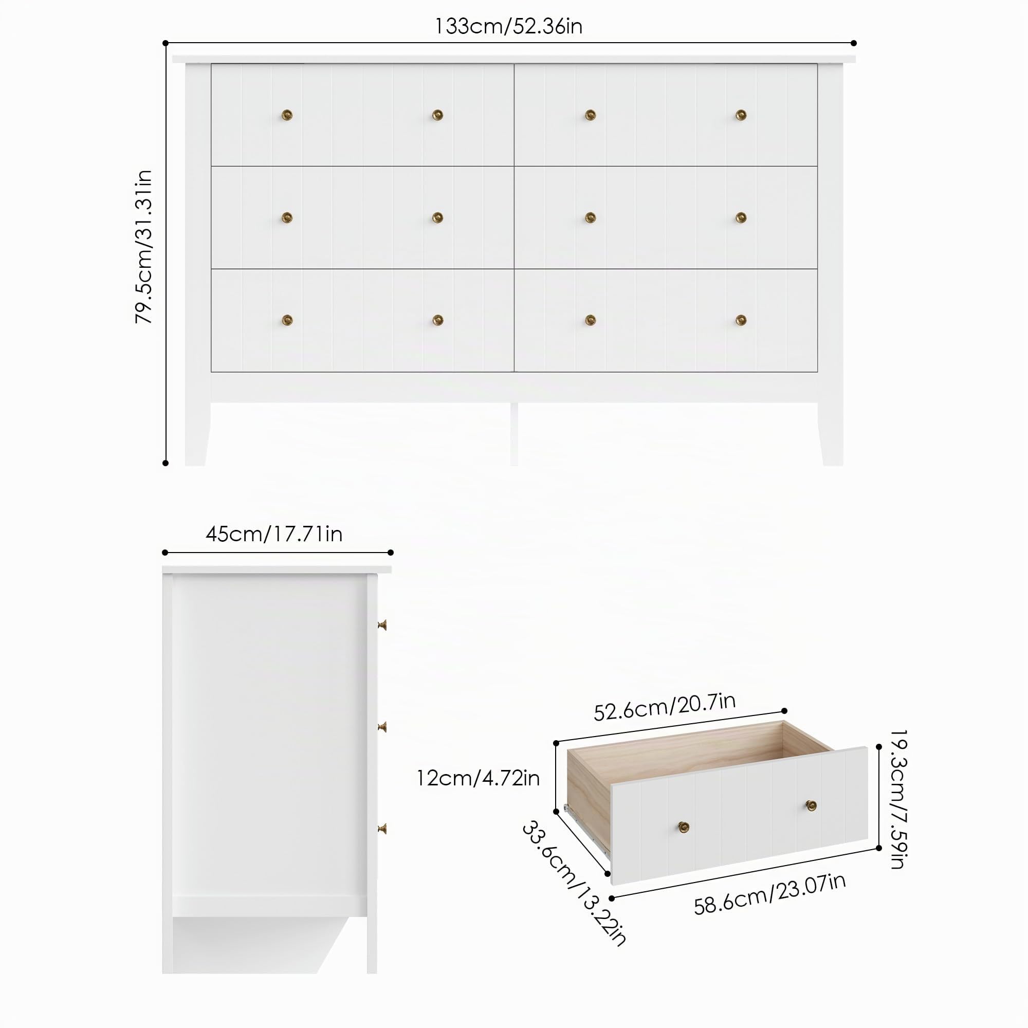 FOREHILL 133cm Cómoda Dormitorio, Cómodas y Cajoneras, Cómoda con 6 Cajones