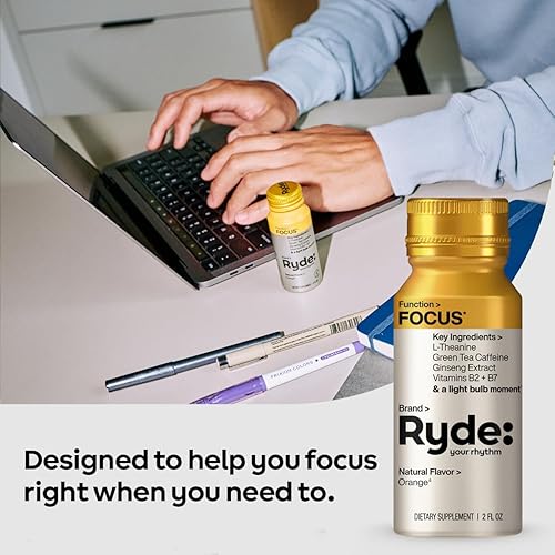 Miniatura 3 de Ryde Focus Shot  Sabor a naranja  L-teanina y ginseng  Cafeína de té verde  Vitaminas B2 y B7  0 calorías, 0 azúcar  Shots de 2 FL OZ  Apoya la