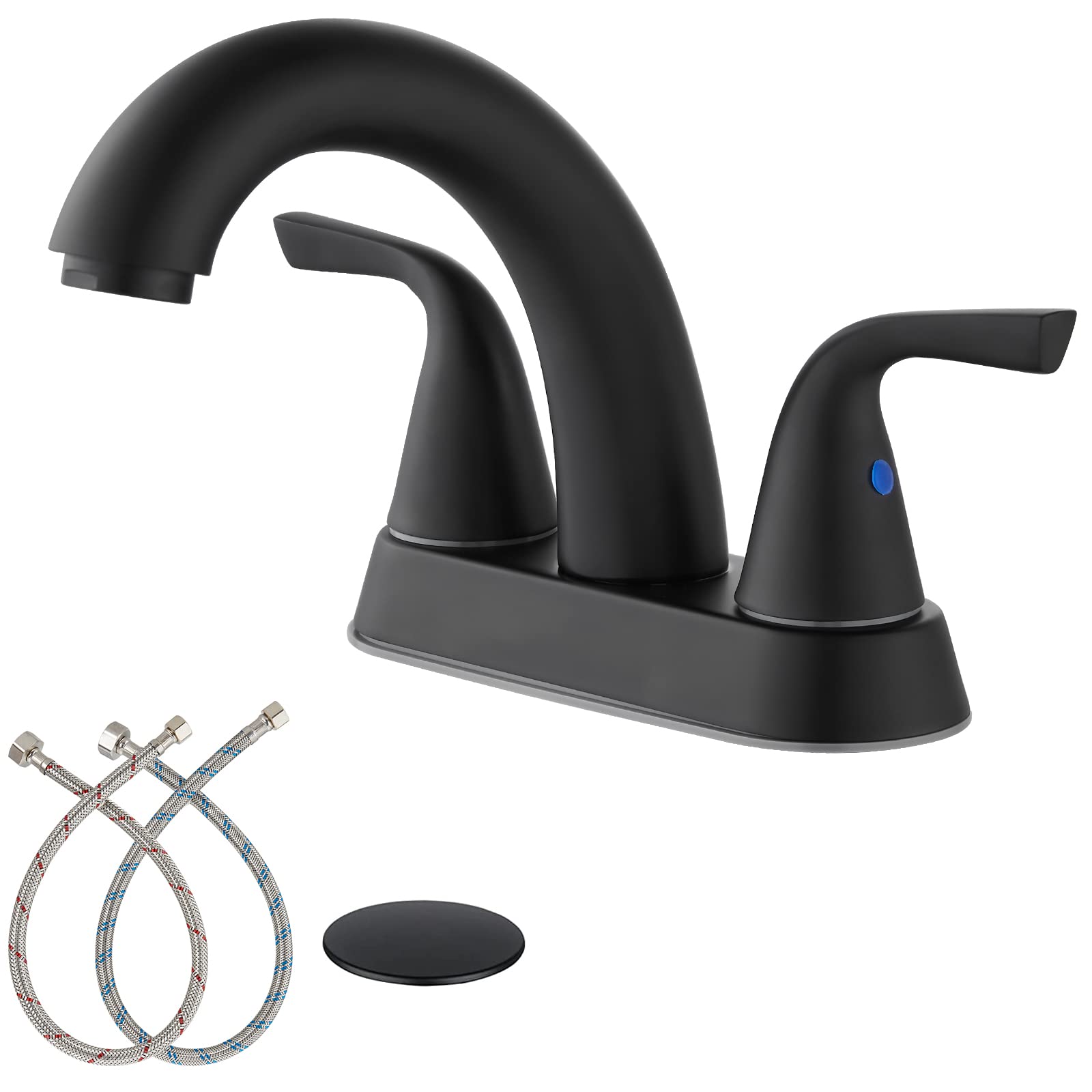 Midanya 2 Handle Bathroom Sink Faucet Matte Black Deck Mount Centerset Bathroom Faucet 3 Hole, with Pop-up Drain Stopper Assembly and Water Supply Lines Lavatory Faucet Mixer Double Handle Tap