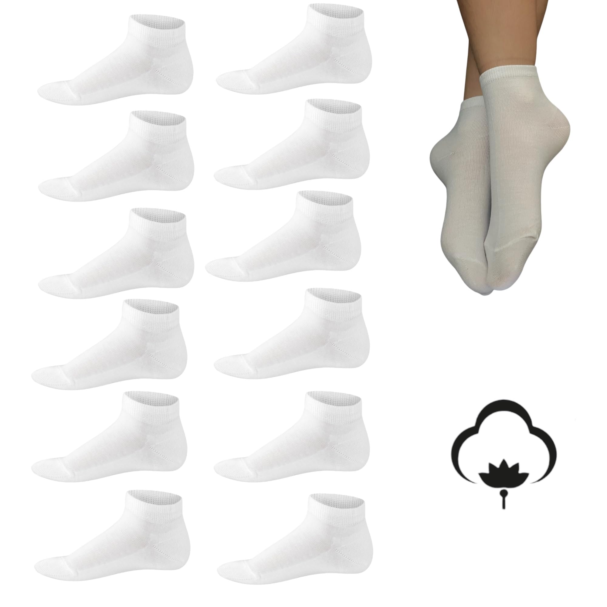 NAGAD 12 Pares de calcetines niño-niña-bebe color blanco de algodon para colegio o deportes- Calcetin tobilleros infantil - Pack calcetines deporte niño - calcetin sport blancos