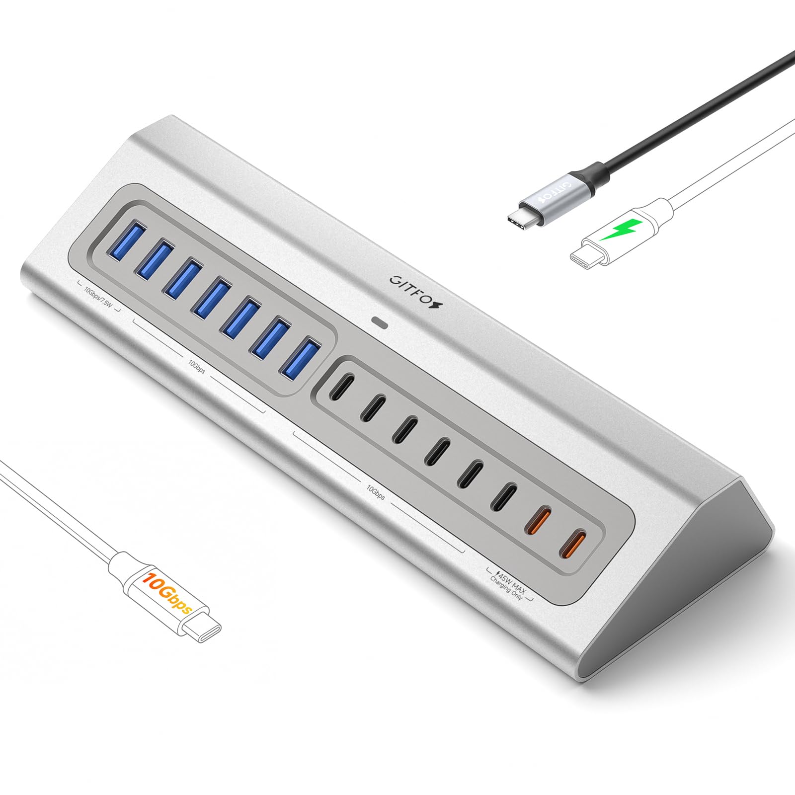 Gitfos Hub USB alimentado, concentrador USB 3.2 18 en 1, 13 x 10 Gbps, PD