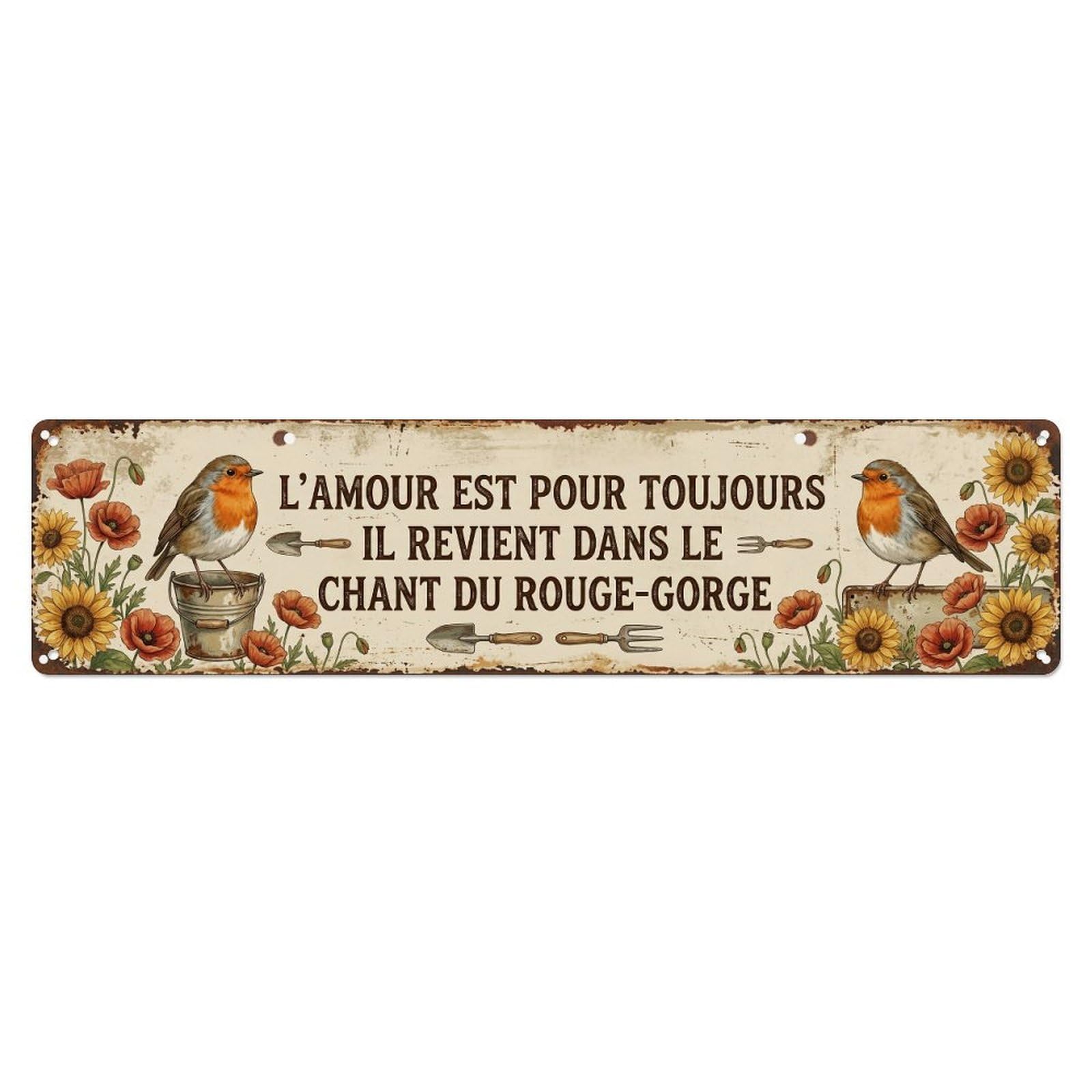 Robin Bird Garden Quote Toujours Metal Tin Skinny Sign Plaque Wall Decor for Cafe, Club Bar, Office, Home Garden Metal Poster 4x16Inch