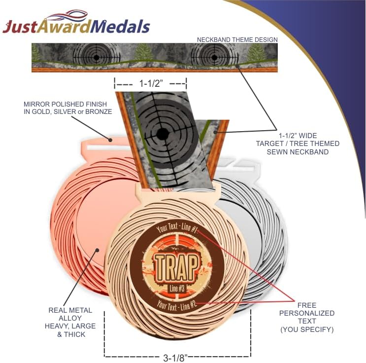 10 Pack Trap Shooting Award Medal, Specify Your Custom Text. for Sportsman’s Club Awards, and competitions. 3-1/8”W x 3-1/2”H Quality Medal Printed Assembled Packaged in USA.