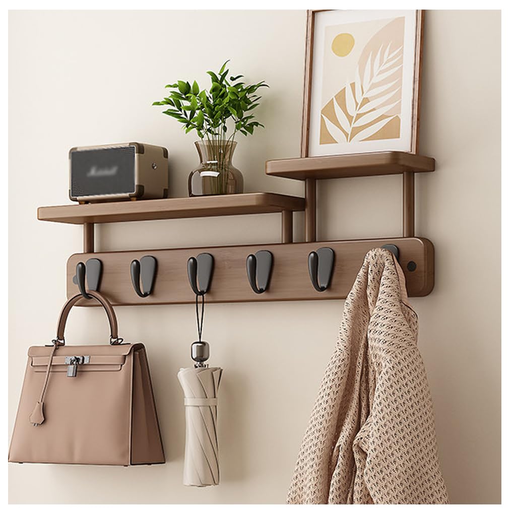 Qpkz Brown Solid Wood Coat Rack With Shelf Wall Mount, Wooden Wall Hooks Entryway Hanging Rack Coat Hooks Rail Clothes Towel Racks With Hook For Coat, Bag, Towel 6Hook