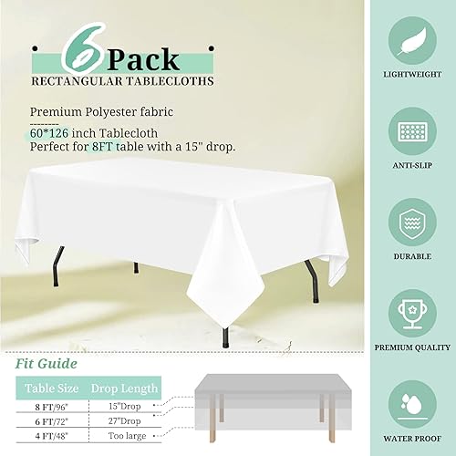 Miniatura 2 de Paquete de 6 manteles blancos para mesas rectangulares de 8 pies de 60 x 126 pulgadas, manteles de poliéster blanco a granel para bodas, resistentes