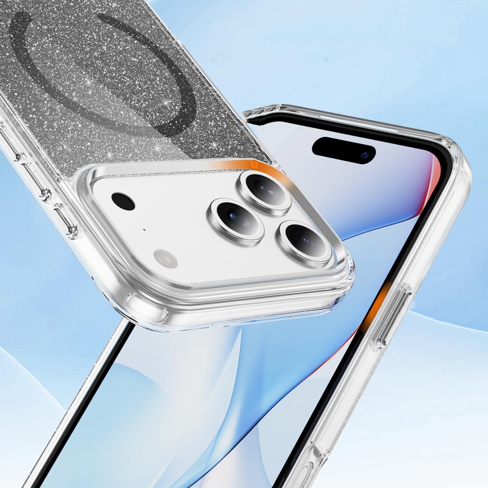 Magnetisch Hülle für iPhone 17 Pro Max/17 Pro/17 Air/17, Dünne Glitzer rutschfeste Schutzhülle Unterstützt Drahtloses Aufladen Handyhülle,Schwarz,17 Pro