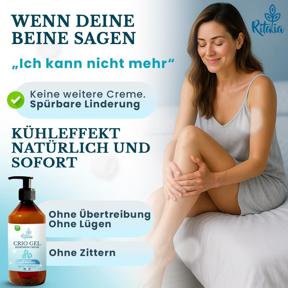 500ml KÜHLGEL FÜR LYMPHDRAINAGE BIO verbessert die Durchblutung bei Krampfadern, Besenreisern, geschwollenen Beinen und Füßen - Ritalia® Cryo gel mit starkem kühlendem Effekt