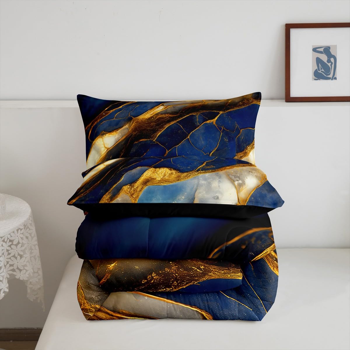 Erosebridal Bettbezug-Set Queen Size – Blaugrüne Batik-Tagesdecke Mit Goldenen Streifen