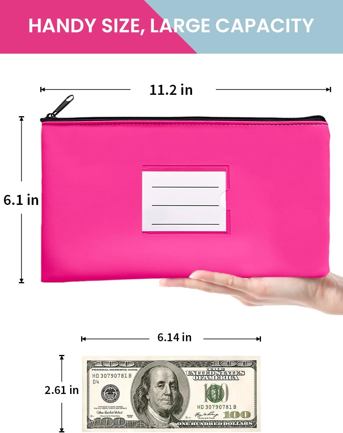 10-Pack Money Bags with Zipper, PU Leather Cash Pouches with Label, 11 x 6 Inches, Bank Deposit Bag for Coins, Bills, Checks, Invoices, Cosmetics, Tools, 10 colors