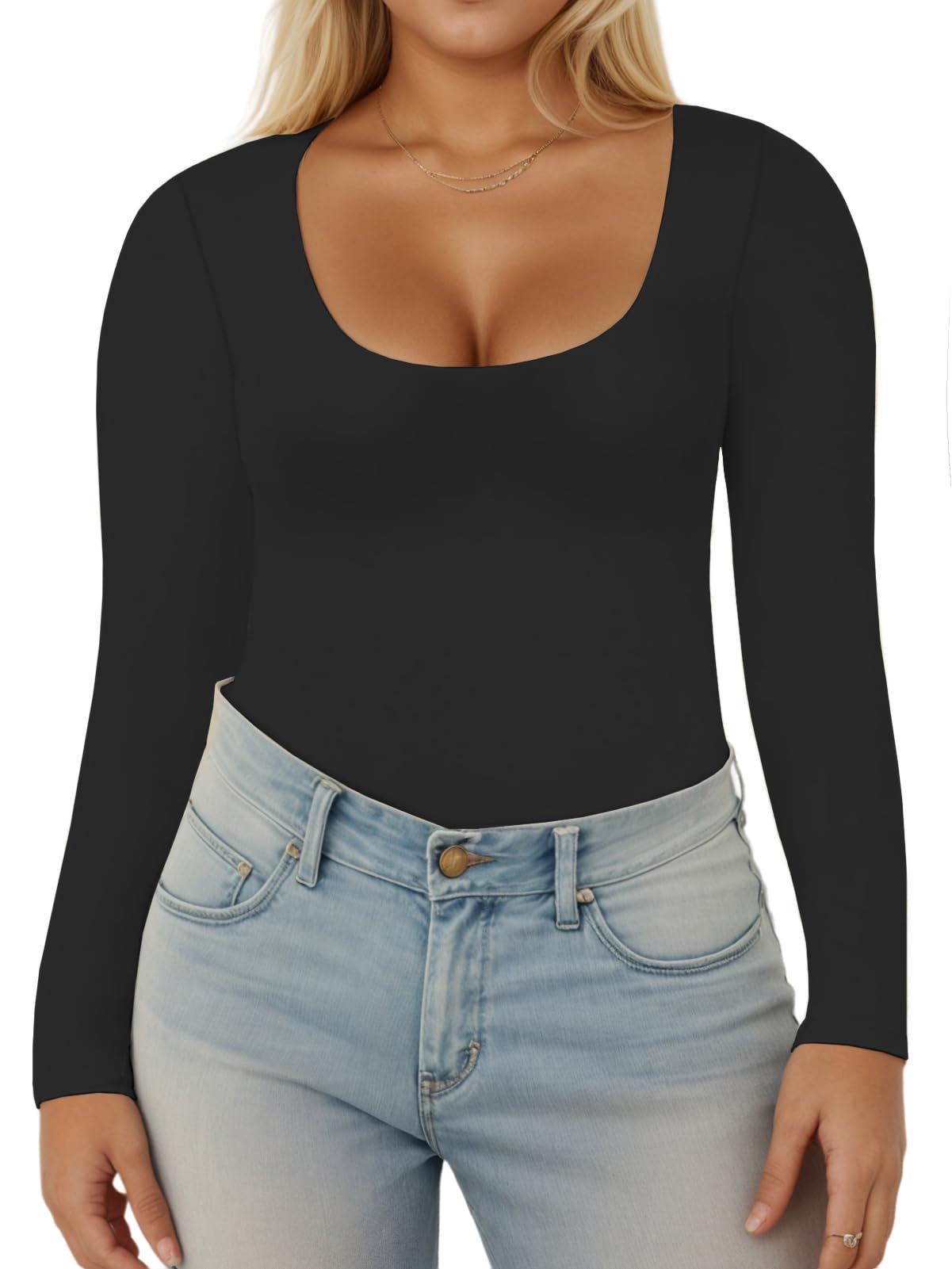 VISLILY Womens-Plus-Size-Long-Sleeve-Shirts Scoop Neck Tops Tight Slim Fit Undershirts Lightweight Thermal Basic Tee XL-5XL