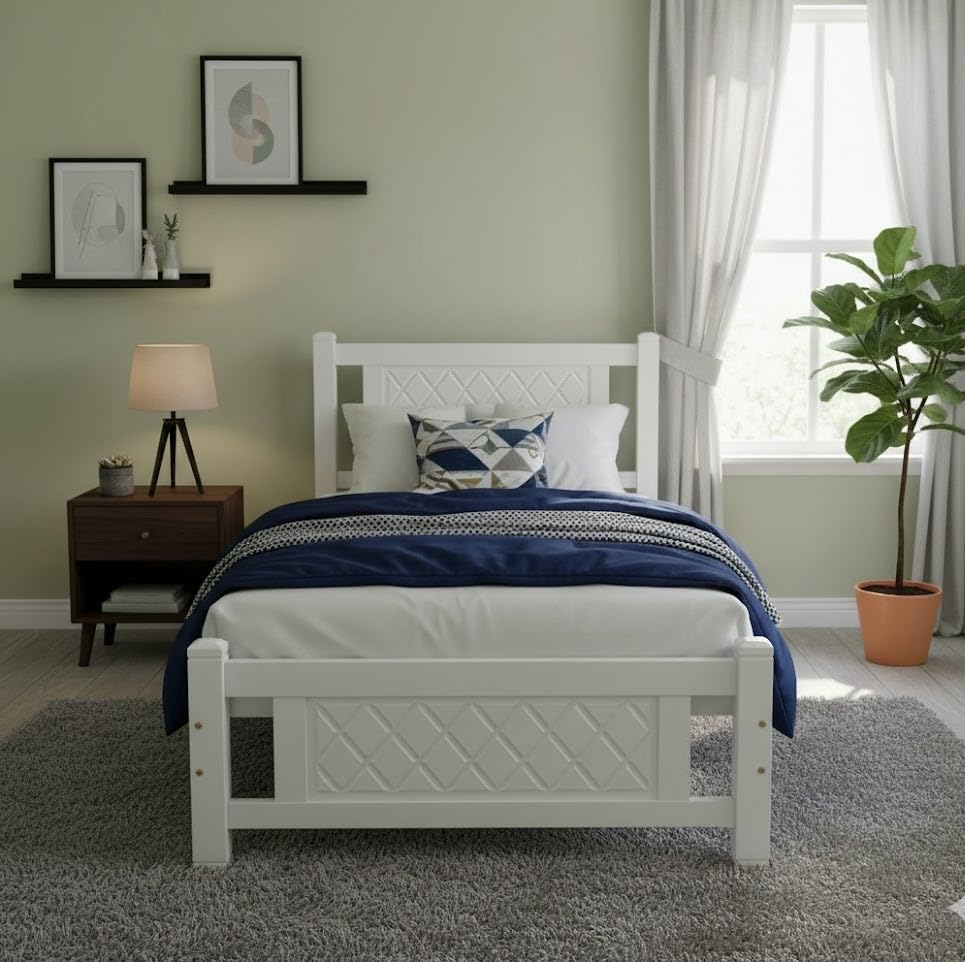 Furniture4Us Modern & Sublime Design Fully Solid Wooden Single Bed Frame 90x190 cm F4US-102-90 (WHITE)
