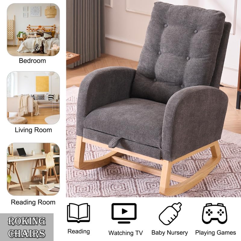 Image of Rocking Chair with Foot Rest, Nursery Rocking Chairs with Rubber Wood Legs, High Back Pocket Modern Upholstered Glider Chair, Comfy Accent Rocker Armchair for Living Room Bedroom,Dark Grey