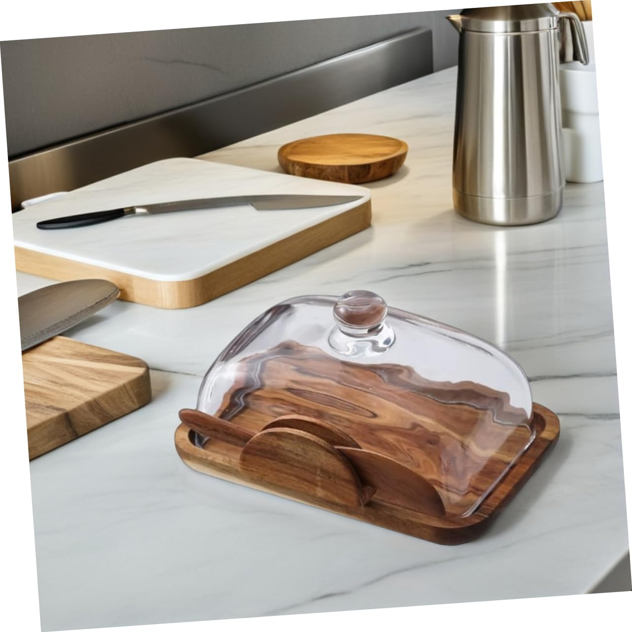Unomor Elegant Wooden Butter Dish with Glass Dust Cover Multi-functional Food Organizer for Cheese Snacks and Desserts Easy to Clean for Countertop Kitchen Decor
