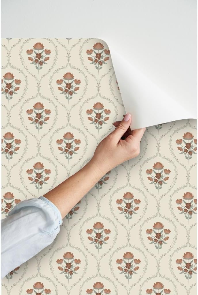 Peel & Stick Wallpaper 12ft x 2ft - Farmhouse Floral,Green Burgundy,Red Flowers,Cottage Flowers,Romantic Traditional Custom Removable Wallpaper by Spoonflower