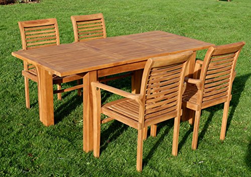 AS-S ASS Teak Set: Gartengarnitur Bigfuss Ausziehtisch 130-180 x 80cm mit 4 Alpen Sessel Holz Serie JAV