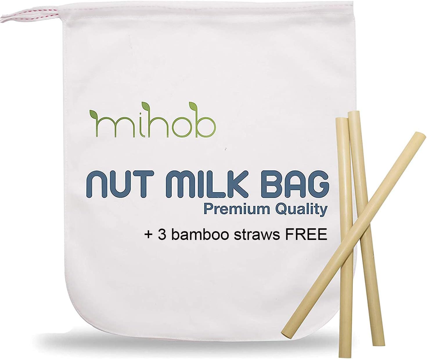 Premium Cotton Nut Milk Bag and Organic Bamboo Straws - All Purpose Reusable Strainer for Almond Milk, Soy Milk, Brew Coffee & Tea, Cheese Making, Oat Milk, Juicing, Yogurt & More.