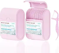 Holy Rose Palitos de fio dental rosa, 2 pacotes de estojos de viagem com fio dental de linha dupla, 104 unidades, palitos de dente de menta, flossers é uma ferramenta de higiene bucal para dentes