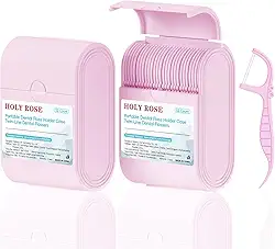 Holy Rose Palitos de fio dental rosa, 2 pacotes de estojos de viagem com fio dental de linha dupla, 104 unidades, palitos de dente de menta, flossers é uma ferramenta de higiene bucal para dentes