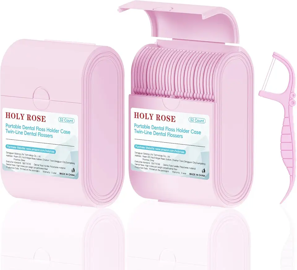 Holy Rose Palitos de fio dental rosa, 2 pacotes de estojos de viagem com fio dental de linha dupla, 104 unidades, palitos de dente de menta, flossers é uma ferramenta de higiene bucal para dentes