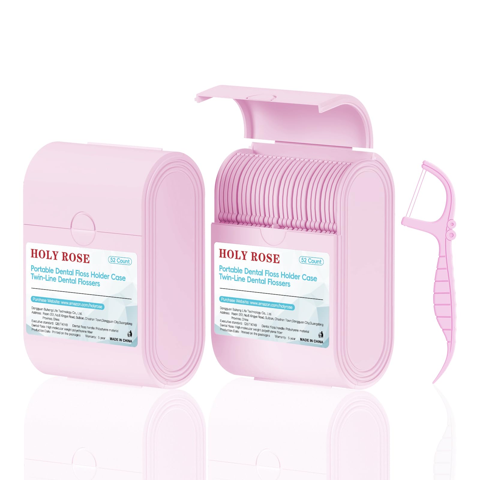 Holy Rose Pink Dental Floss Picks 2 Packs Travel Cases with Twin Line Flosser 104 Count Mint Flossers