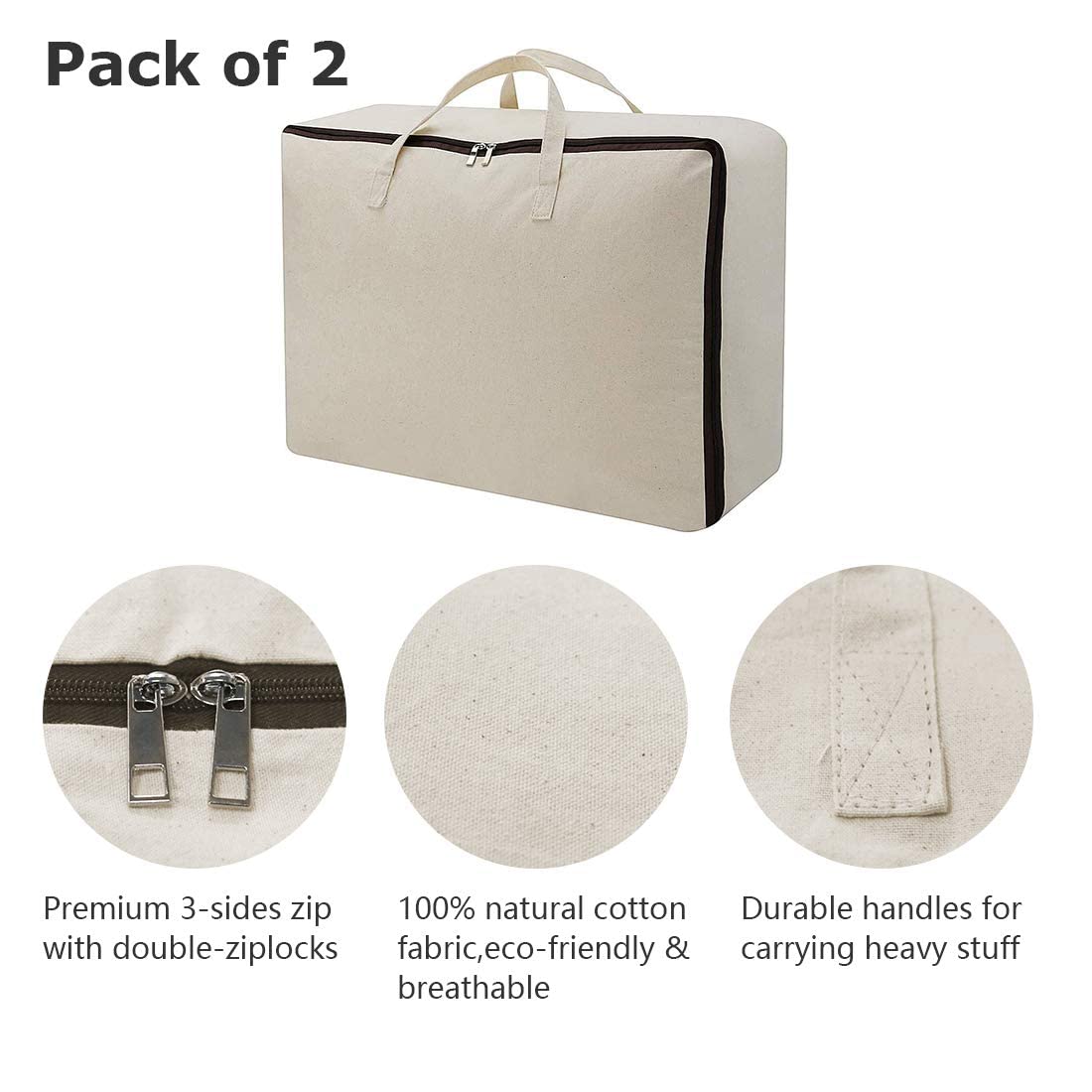 Bolsas de almacenamiento suaves de lona transpirable con asas y cremallera de 3 lados, buenas para ropa de algodón, organizador de ropa de cama, color beige, 3 unidades