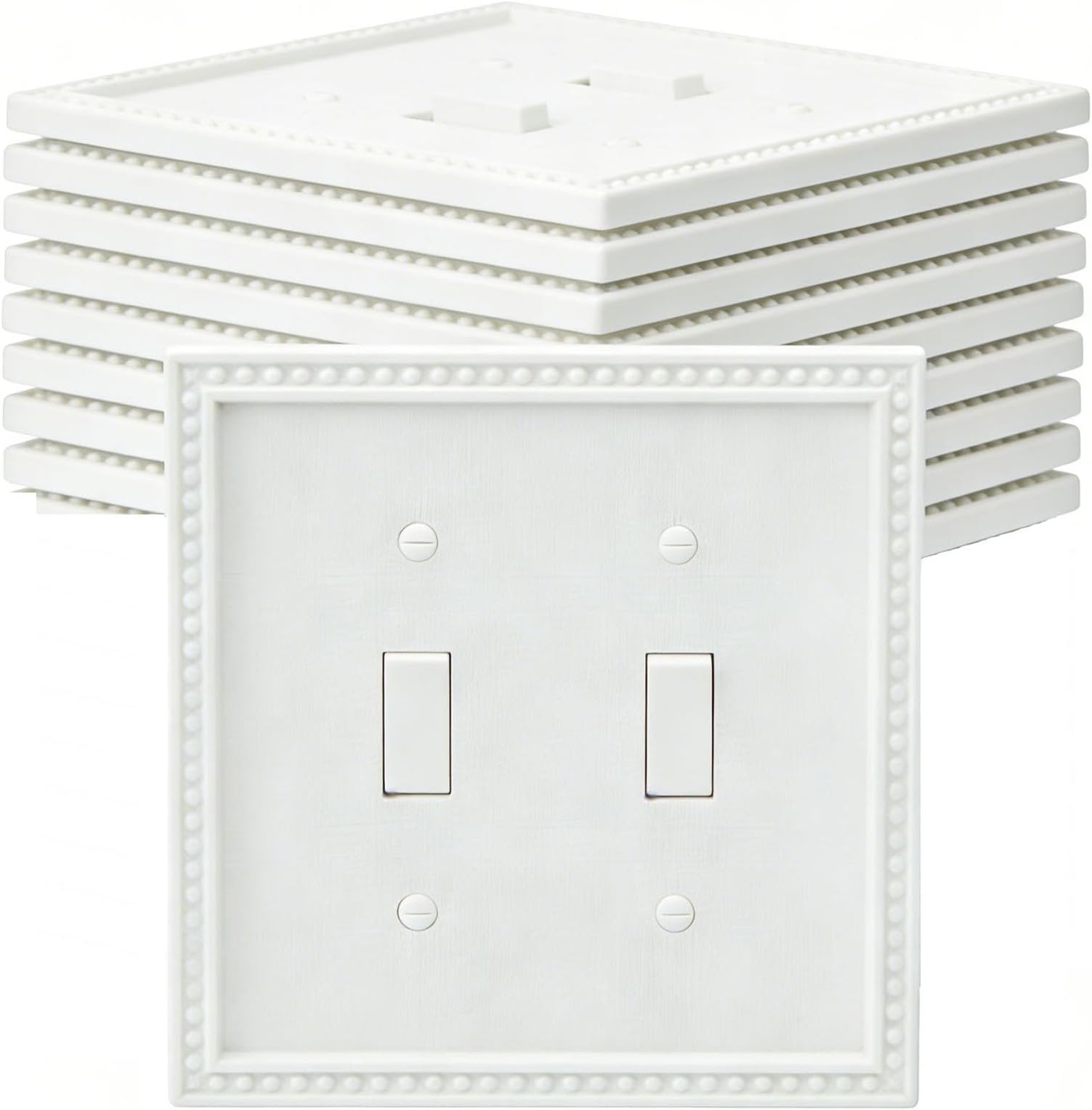 EFTV 10 Pack Mid-Size Toggle Light Switch Wall Plates 2-Gang Switch Electrical Cover Plate Unbreakable Thermoplastic Faceplate, Classic Beaded Relief Design, White
