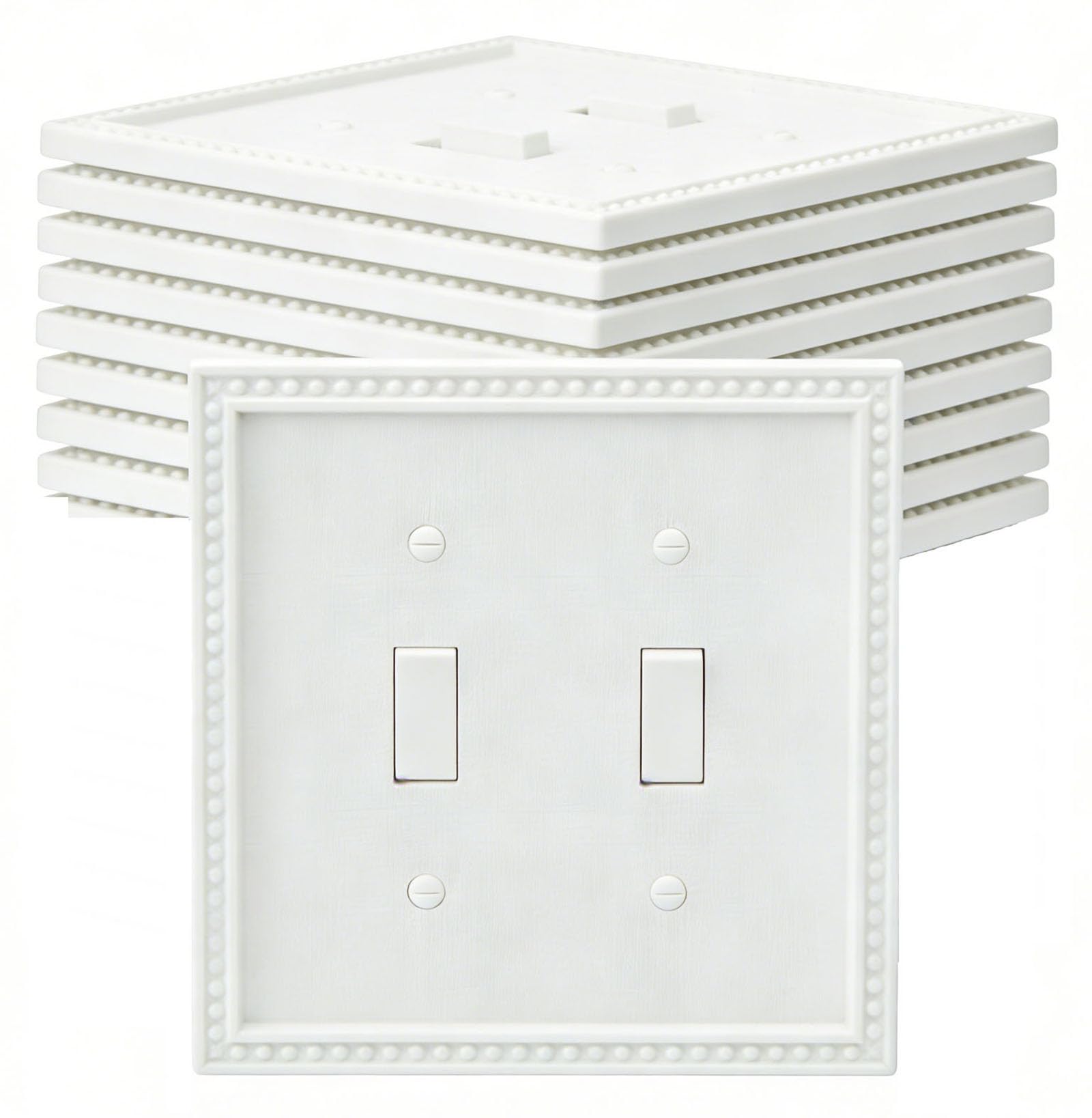 EFTV 10 Pack Mid-Size Toggle Light Switch Wall Plates 2-Gang Switch Electrical Cover Plate Unbreakable Thermoplastic Faceplate, Classic Beaded Relief Design, White