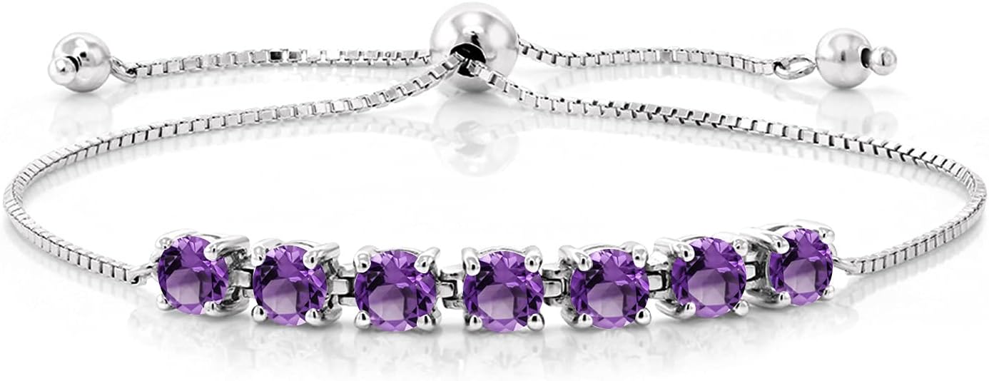Gem Stone King Gemstone Birthstone Tennis Bracelet For Women | 925 Sterling Silver | Round Cut 4.5MM | Adjustable Bolo Bracelet For Women | Easy-On Easy-Off