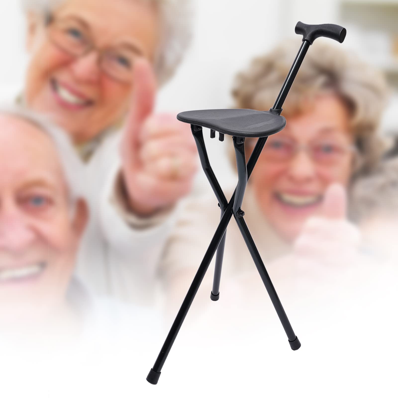 Black Folding Walking Cane with Seat, Aluminum Alloy Crutch Chair with 3 Retractable Legs Anti-Slip Lightweight Walking Stick for Seniors, 250LBs Capacity