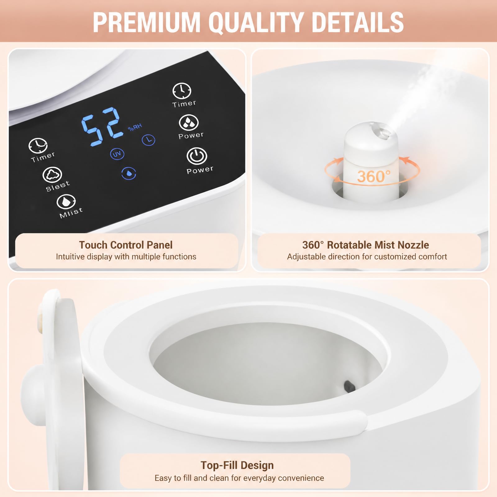 hKjPlvf Humidificador Bebe 3L Ultrasonico Silencioso Difusor de Aceites Esenciales Niebla Fria Llenado Superior para Dormitorio Hogar Oficina Temporizador Modo de Sueno 14H Blanco