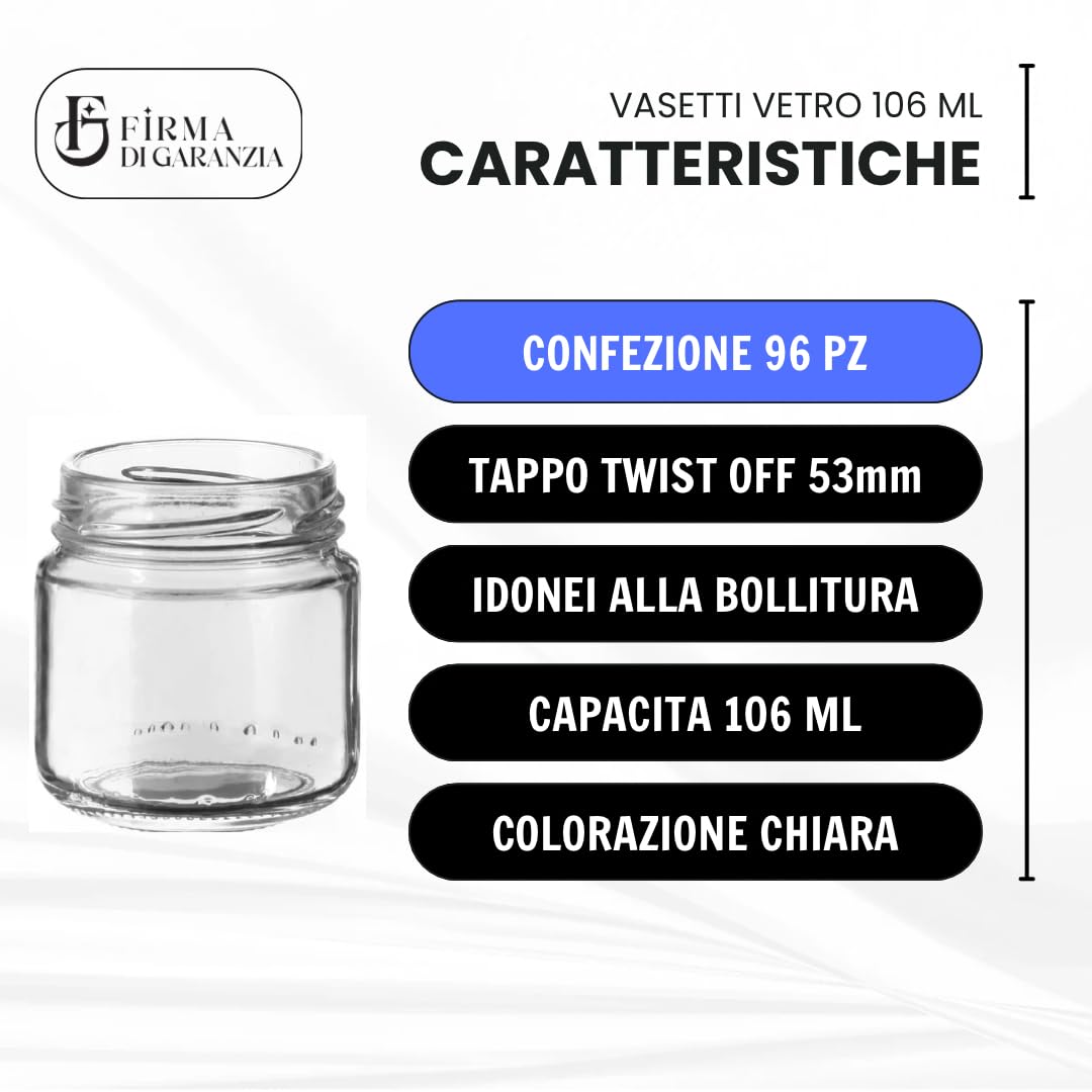Firmadigaranzia srl Barattoli in vetro per marmellate e omogeneizzati da106 ml con tappo twist off 53mm 96PZ - Vasetti vuoti in vetro da 106ml per marmellate, conserve, cinfetture e bomboniere