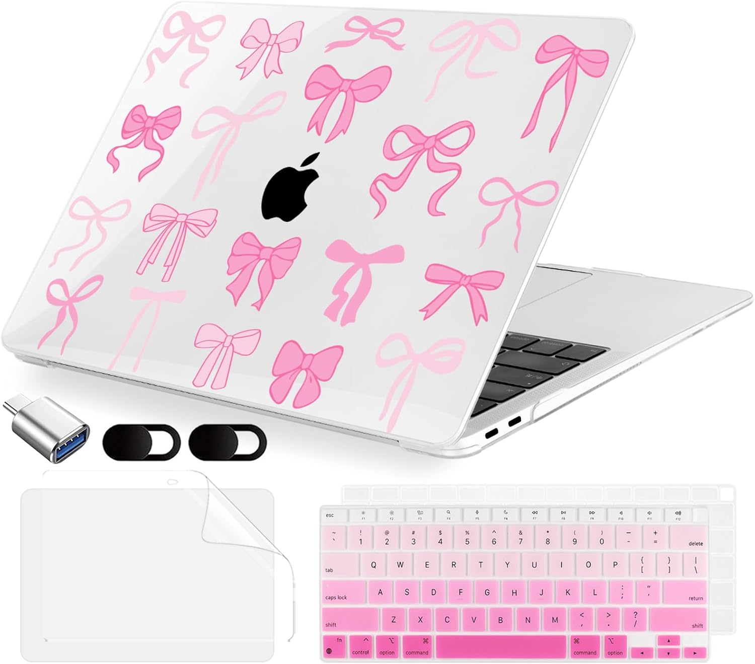 MecBevia Compatible with MacBook Air 13.3 inch Case 2021-2018 Release A2337 M1 A2179 A1932 Touch ID, Plastic Hard Shell&Keyboard Cover&Screen Protector&Webcam Cover&Type-C Adapter, Pink Bows