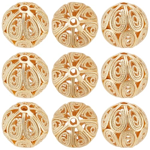 Beebeecraft 1 Box 20Pcs Round Beads 18K Gold Plated Brass Filigree Beads Hollow Beads Loose Beads with 1.6mm Hole for Earrings Bracelet Waist Chain Necklaces Jewelry DIY Crafts